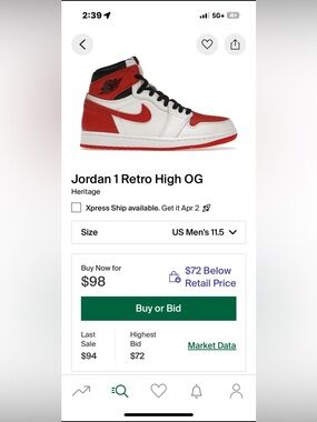 Nike Air Jordan 1 Retro High OG “Heritage” Men’s Size 11.5 Red White Black